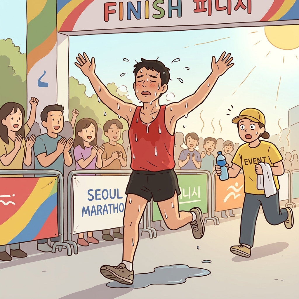 마라톤을 뛰고 나니 얼굴이 땀으로 흠뻑 젖었다.