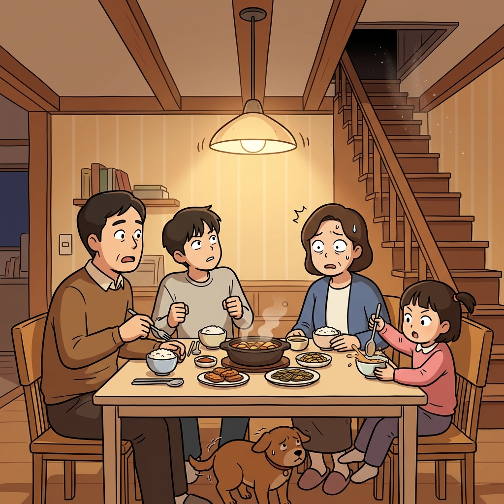 The strange noise from the attic perturbs the whole family at dinner.