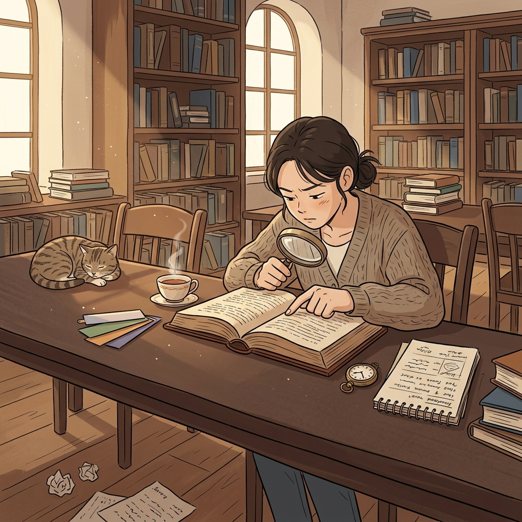 She takes her time to peruse every page of the old manuscript.