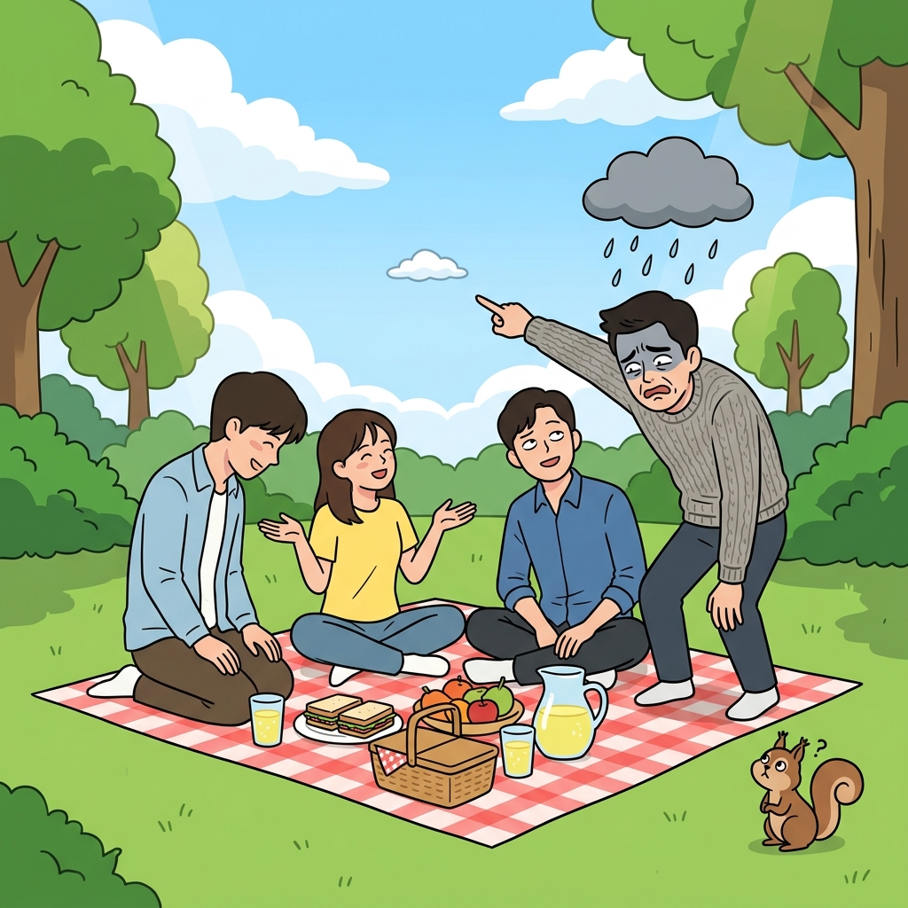 그는 늘 부정적이라, 좋은 일에도 안 좋은 면만 본다.