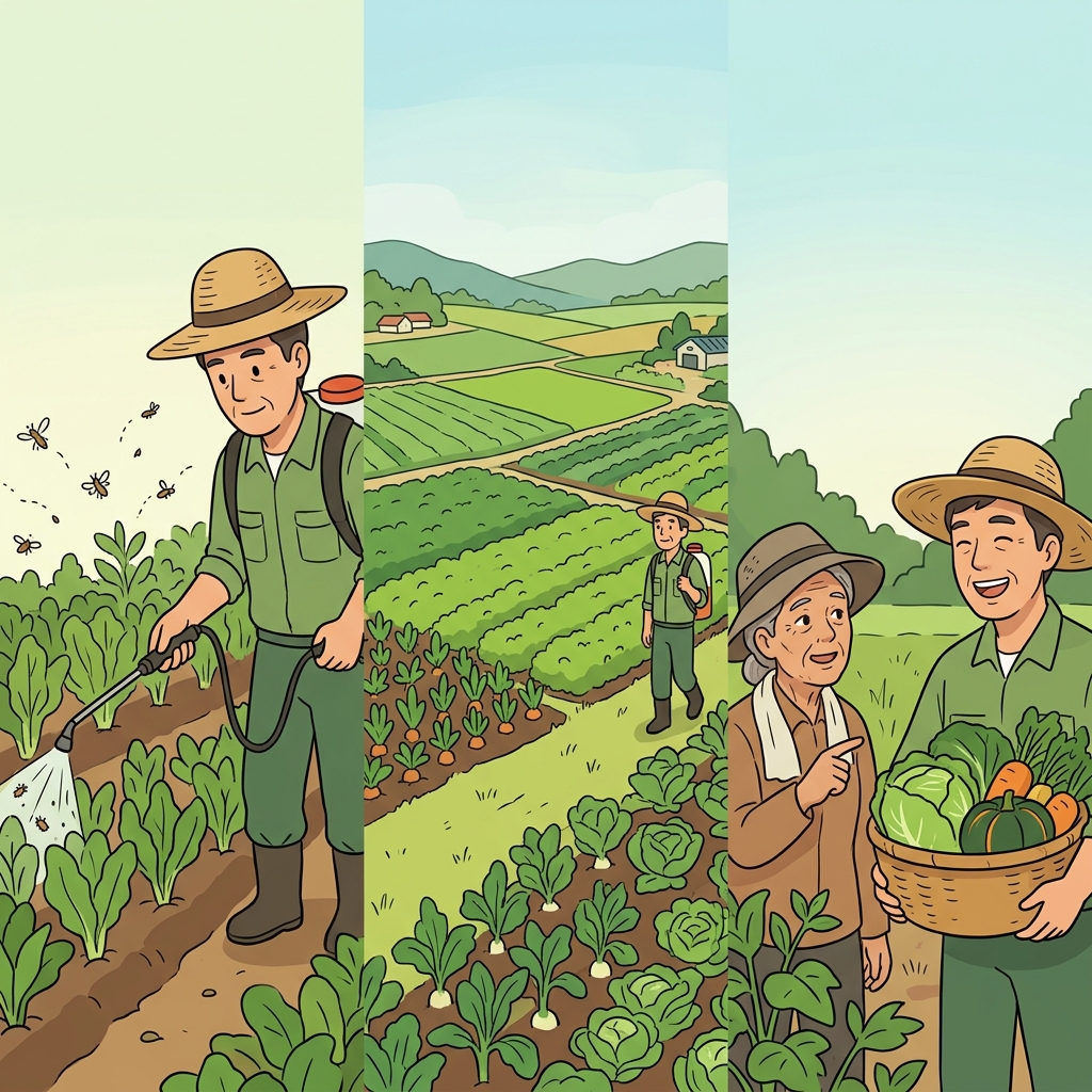 The farmer used pesticide to protect the countryside crops with the guide's advice.