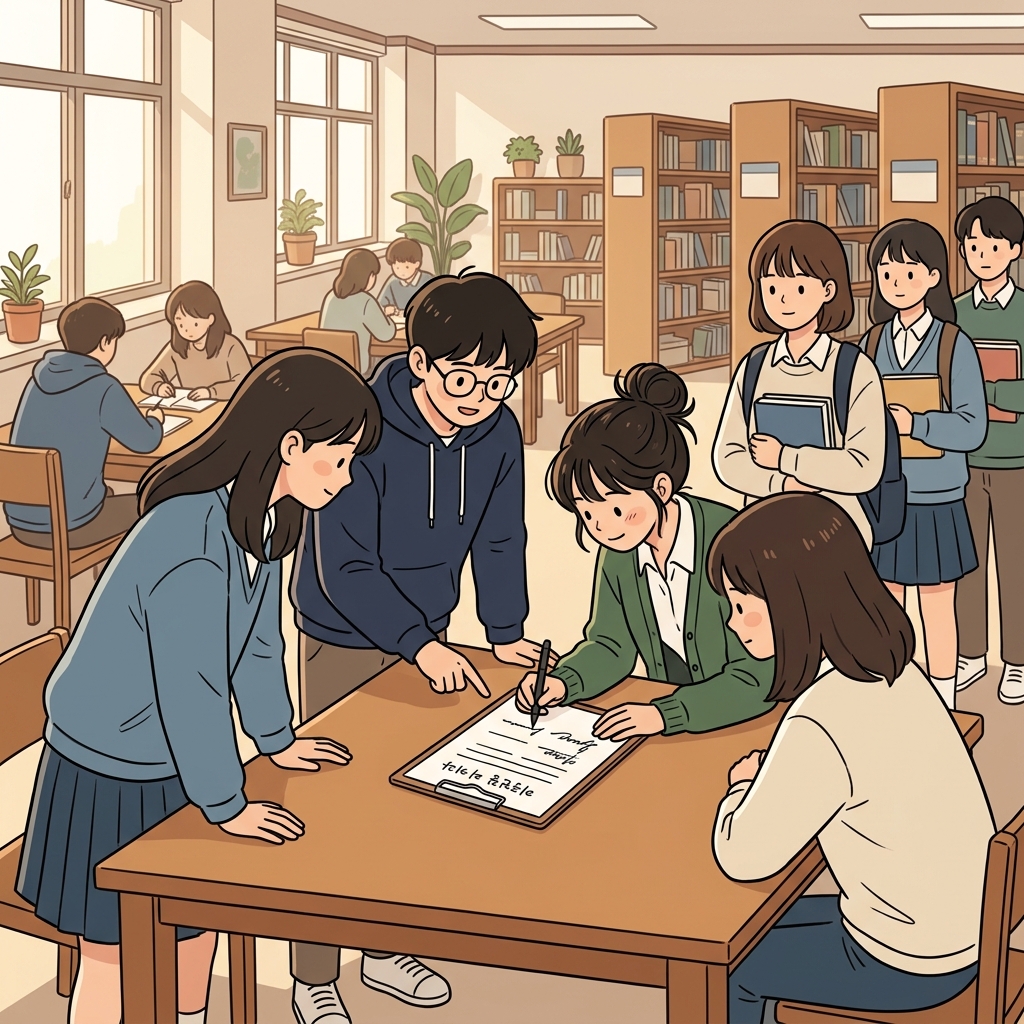 학생들은 학교 도서관을 지키기 위해 청원서를 만들었다. (어떤 position(입장)을 취해 달라고 요청하는 것)