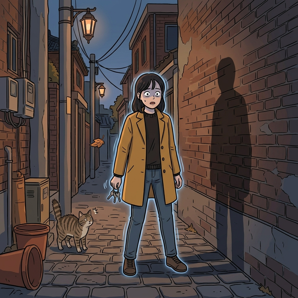 The sudden shadow in the alley made her petrify with fear.
