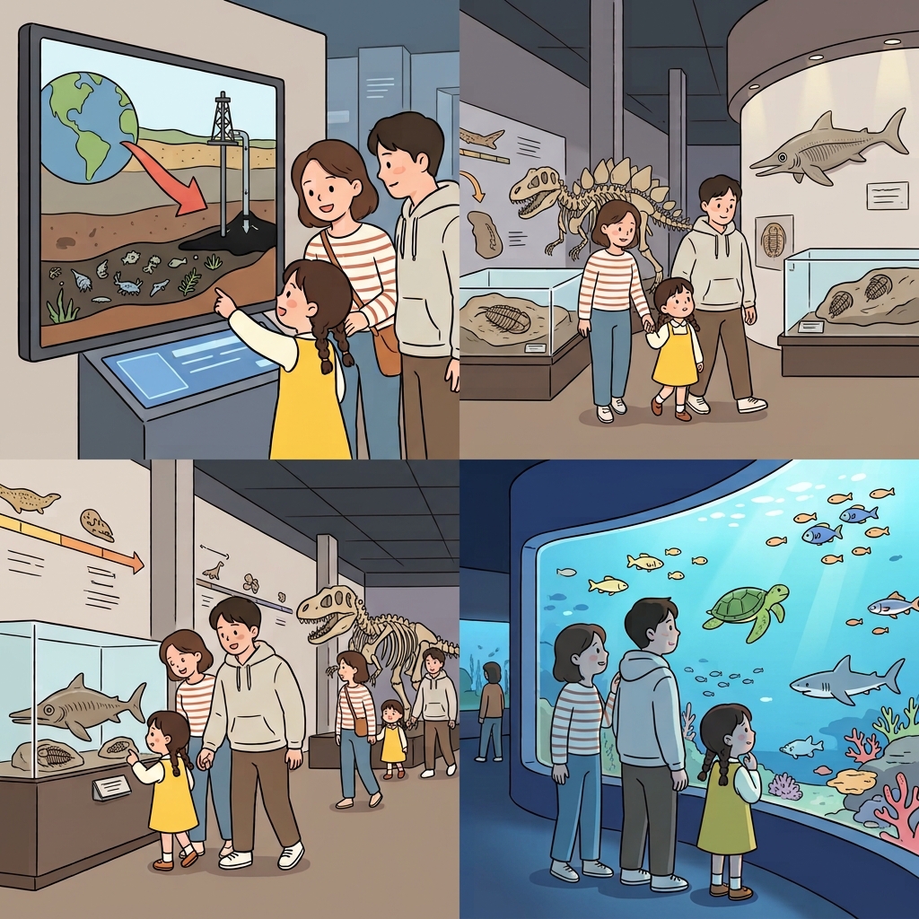 박물관은 오래된 석유의 기원을 전시했고, 수족관은 그 위 바다에 살았던 생물들을 보여 주었다.
