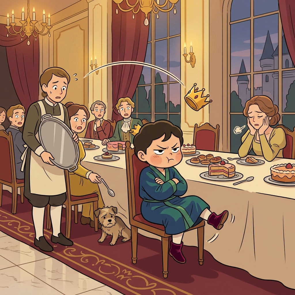 The petulant prince throws his crown when denied more dessert at the royal banquet.