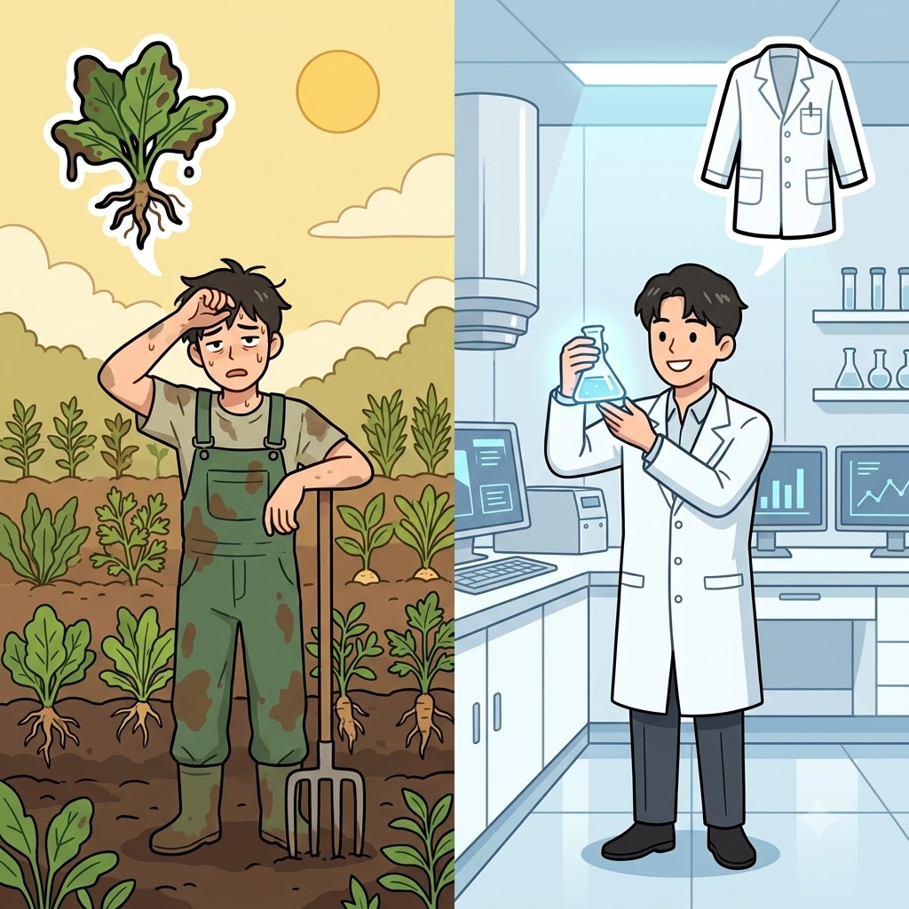 PHARM(농장) + SUIT(연구복) — 그는 더러운 농장(PHARM)을 떠나 깨끗한 연구복(SUIT)을 입고 제약(pharmaceutical) 산업에 뛰어들었다.