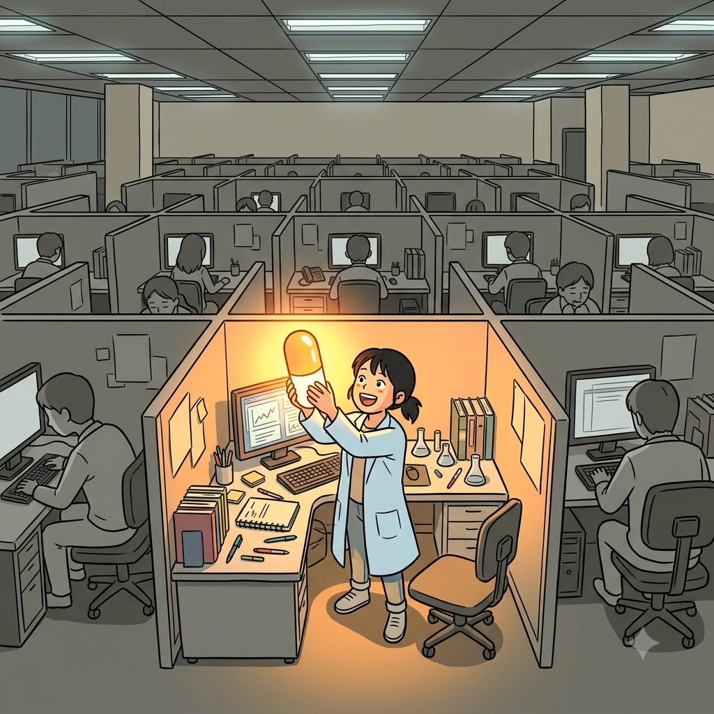 지루하고 칙칙한 회색 칸막이 사무실(cubicle) 안에서, 그녀는 빛나는 제약(pharmaceutical)의 기적을 만들어냈다.