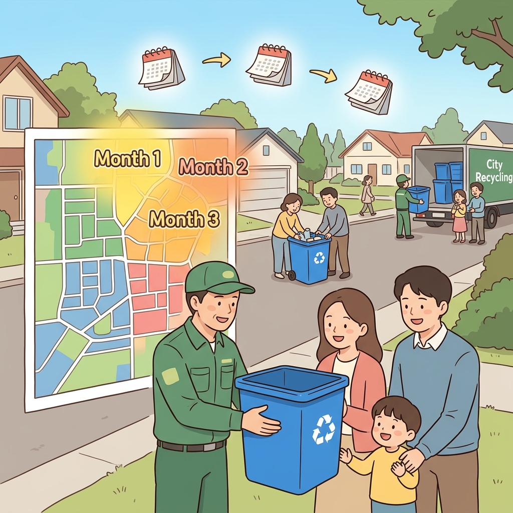 시에서 새 재활용 시스템을 동네별로 단계적으로 도입하고 있다.