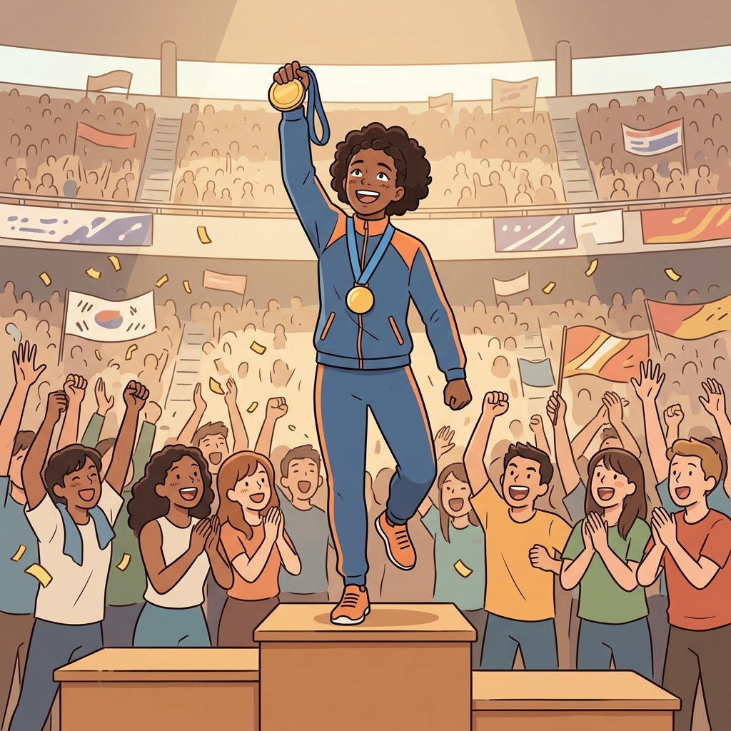 사람들은 "팬은 메달!"이라고 외쳤고, 경이로운(phenomenal) 선수는 놀라운 우승 끝에 금메달을 받았다. (팬들이 메달을 받을 만큼 대단한 선수라고 외친다)