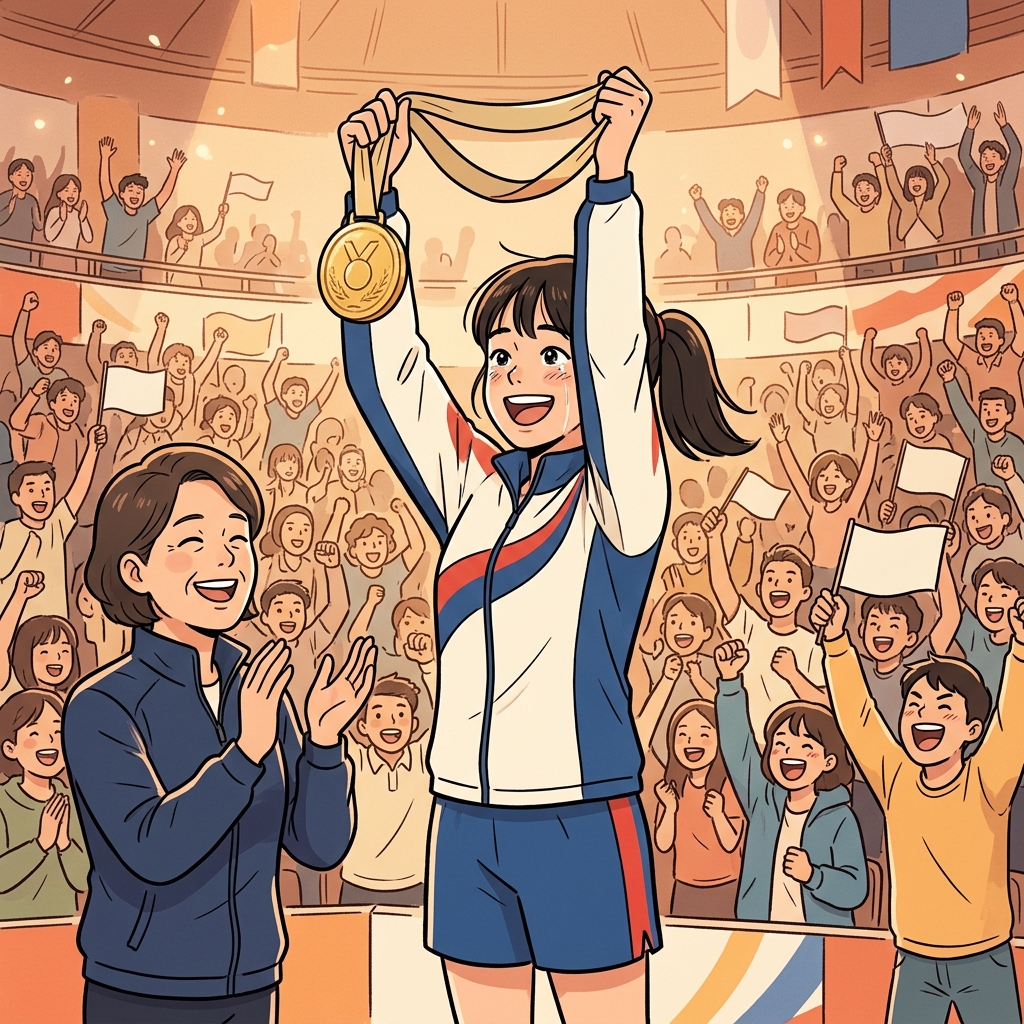 "Fan? A medal!" the coach laughed as the phenomenal champion proudly lifted the gold medal above the cheering crowd.