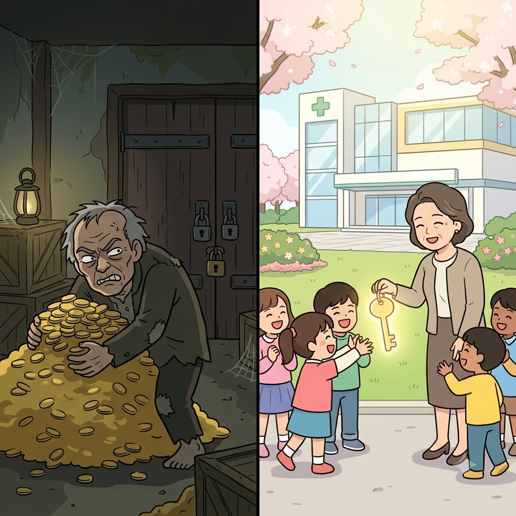 Unlike the greedy man hoarding his gold, the philanthropic woman used her wealth to build a free hospital.