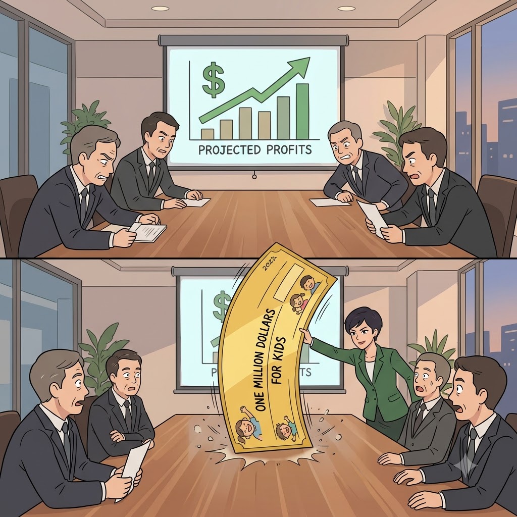 Changing the selfish topic, the CEO announced a massive philanthropic donation.