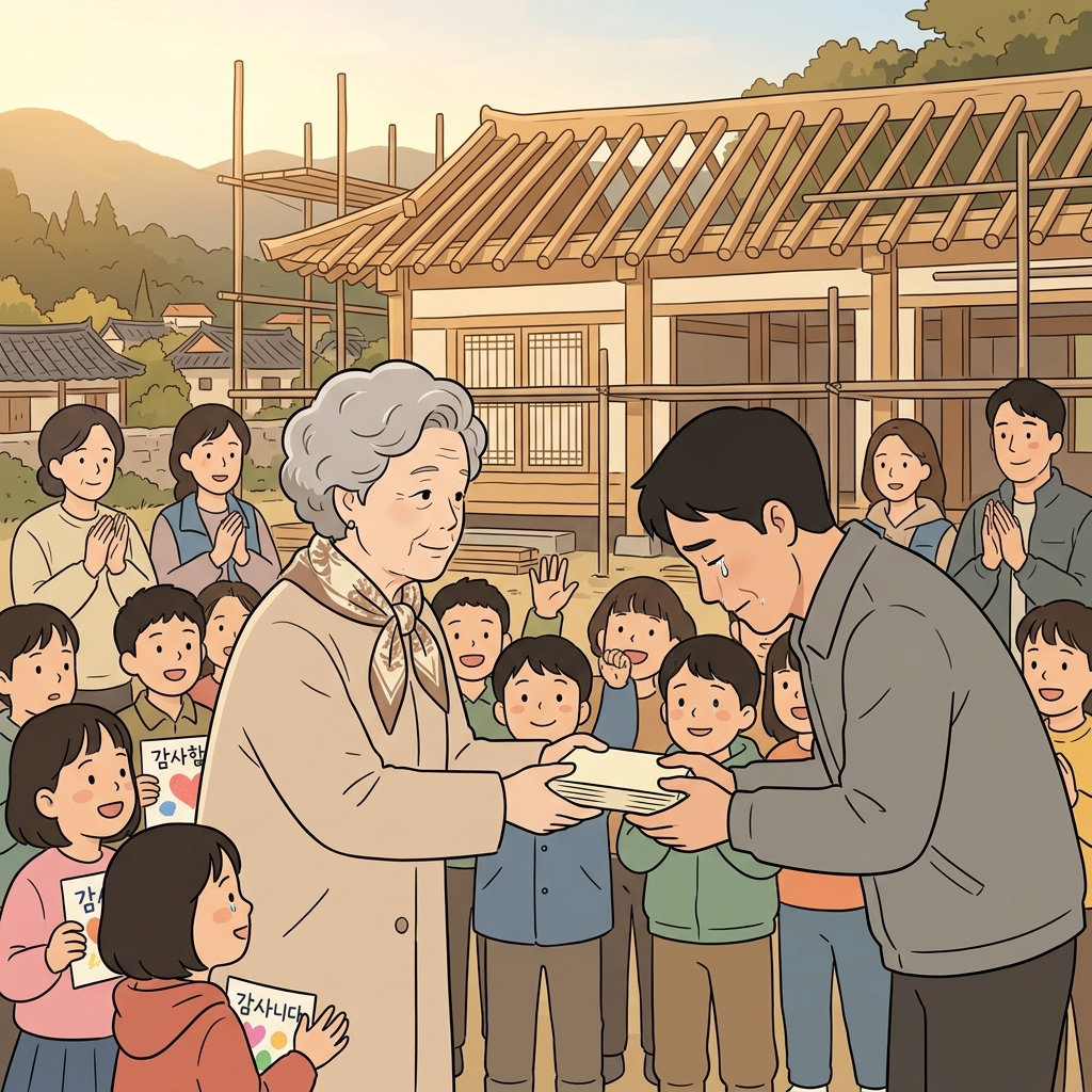 그 자선가는 조용히 거액을 기부해 아이들을 위한 학교를 지었다.
