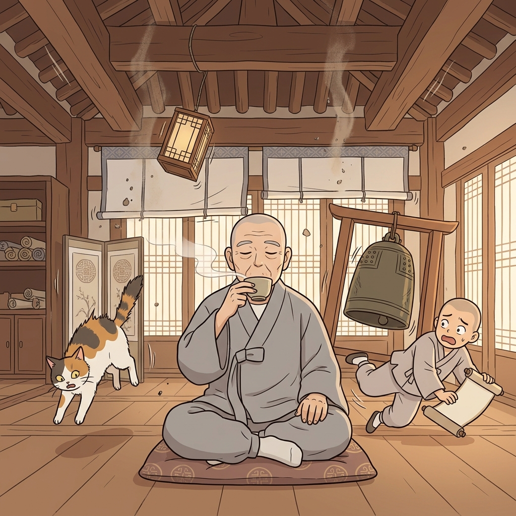 The phlegmatic monk keeps sipping tea while the temple shakes around him.