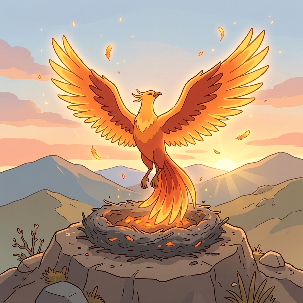 The phoenix rose from the ashes as the sunrise filled the sky.