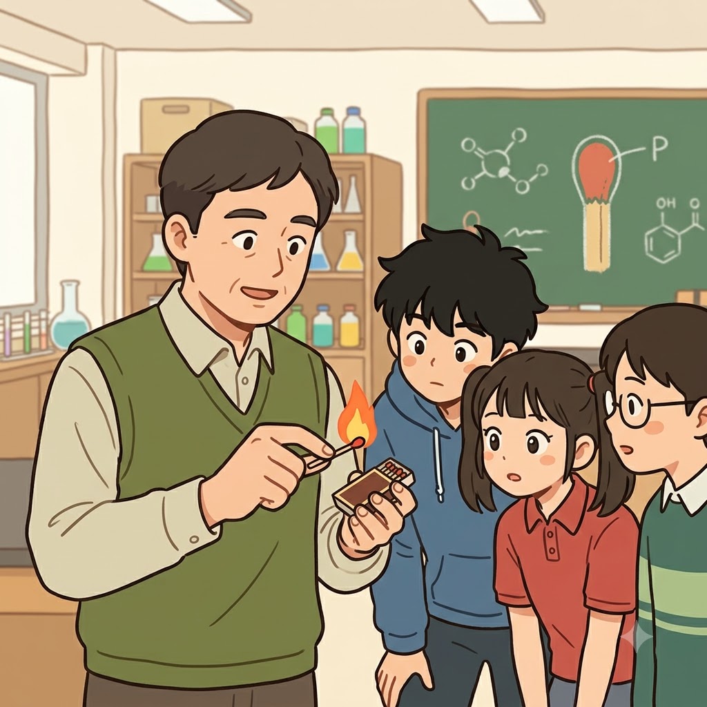 과학 선생님은 성냥을 긋자 인(phosphorus)이 불꽃을 만들며 "포스 부려!"라고 웃었다.