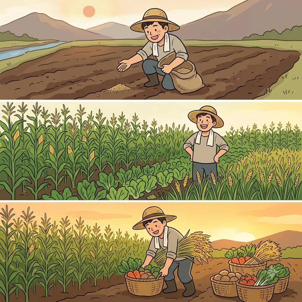 인(phosphorus)은 작물이 잘 자라 풍성하게(prosperous) 되었고, 결국 풍년(harvest)으로 이어졌다.