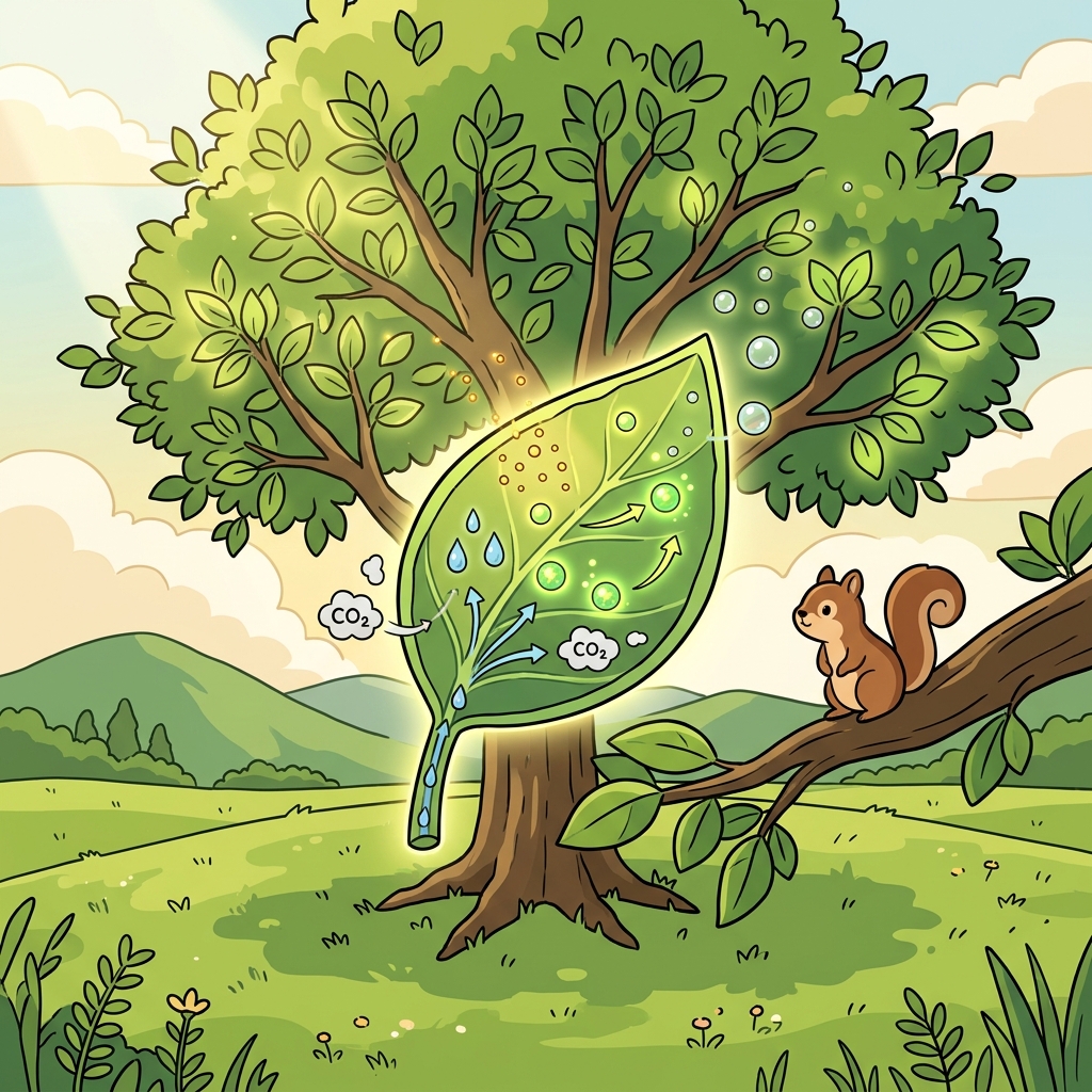 Sunlight streams through leaves as photosynthesis turns light into energy for the tree.