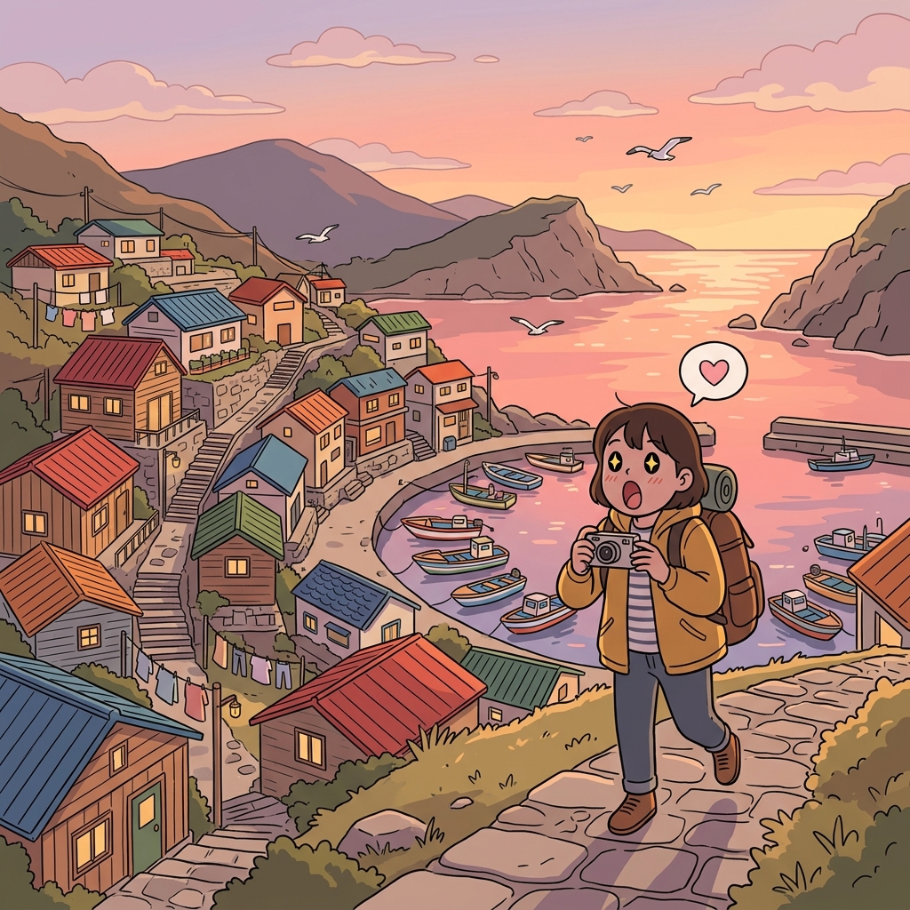 The tiny fishing village looked absolutely picturesque under the golden sunset.