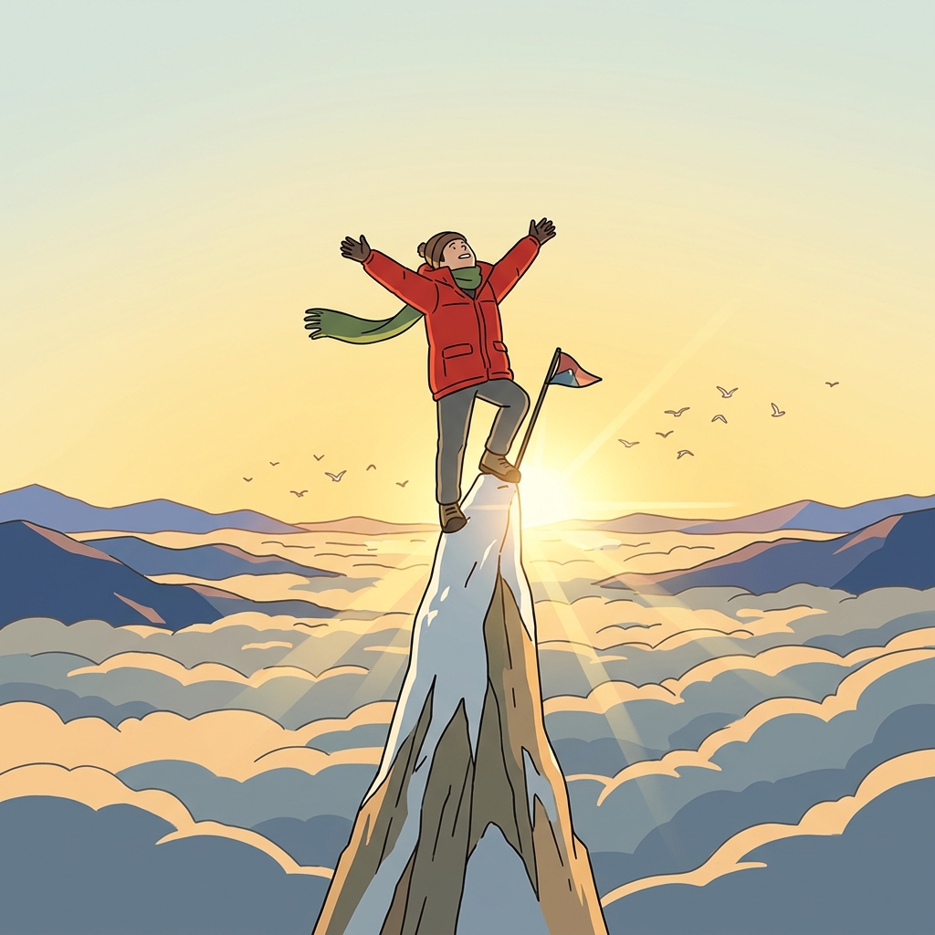 Reaching the pinnacle, the climber plants a flag against the vast sky.