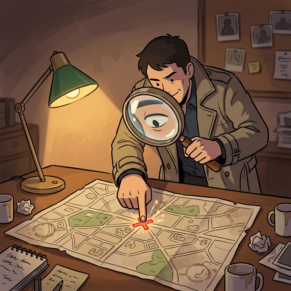 The detective used a magnifying glass to pinpoint the tiny clue on the map.