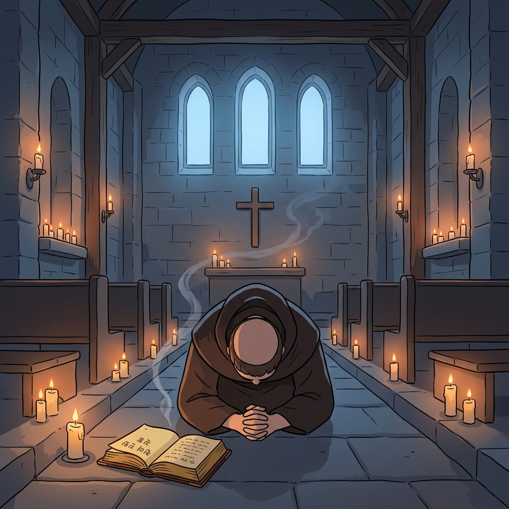 The pious monk kneels in prayer before dawn, candles flickering around him.