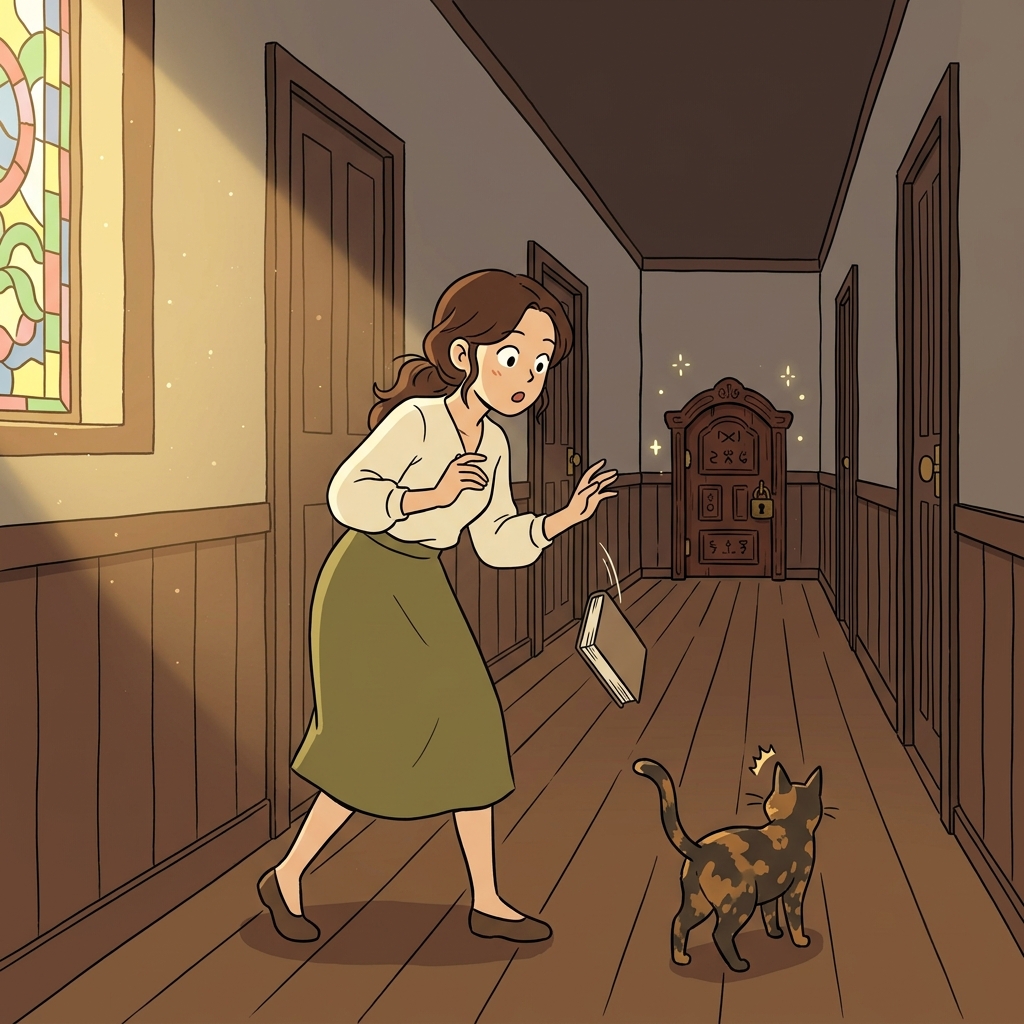 The mysterious locked door at the end of the hallway piqued her curiosity instantly.