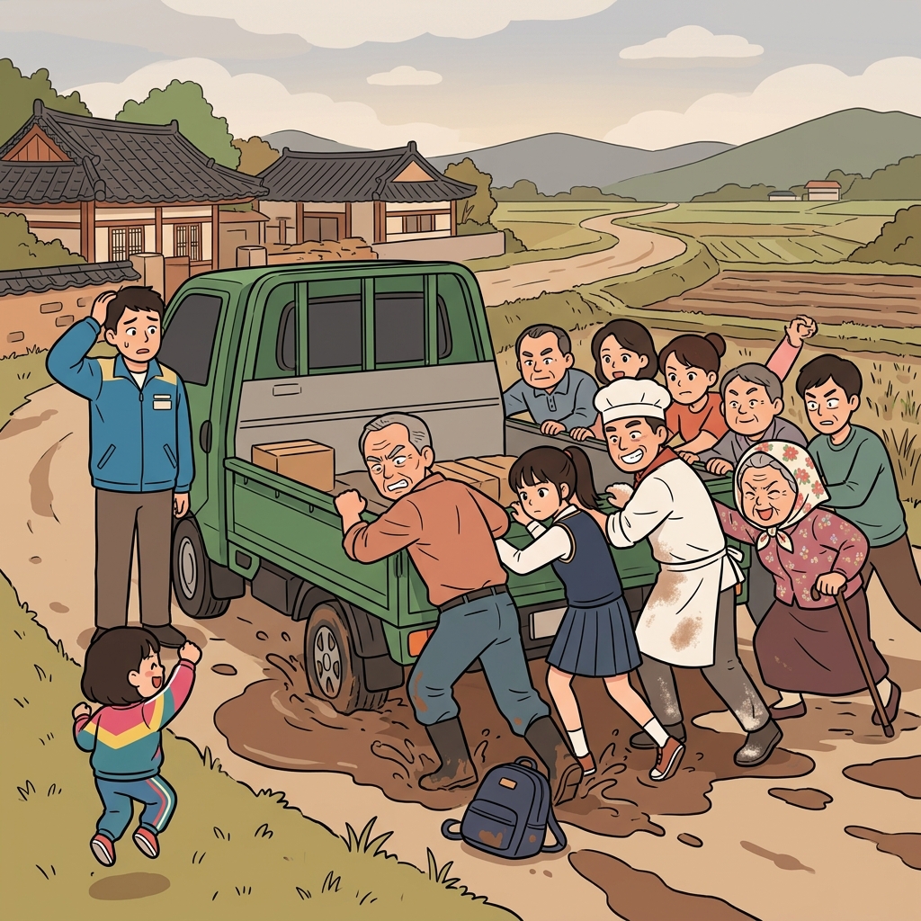 트럭이 진흙에 빠지자 동네 사람들이 다 같이 달려와 밀어줬다.