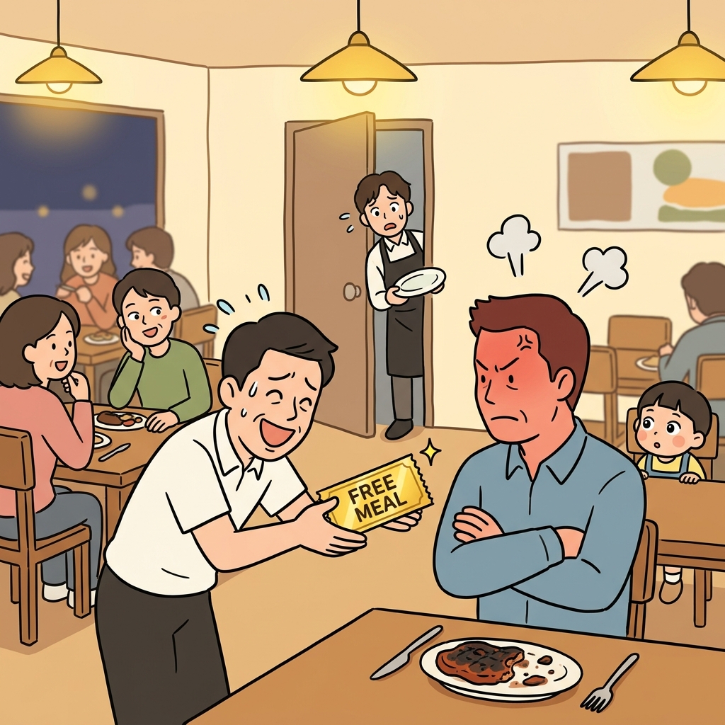 The manager tries to placate the angry customer with a free meal voucher.