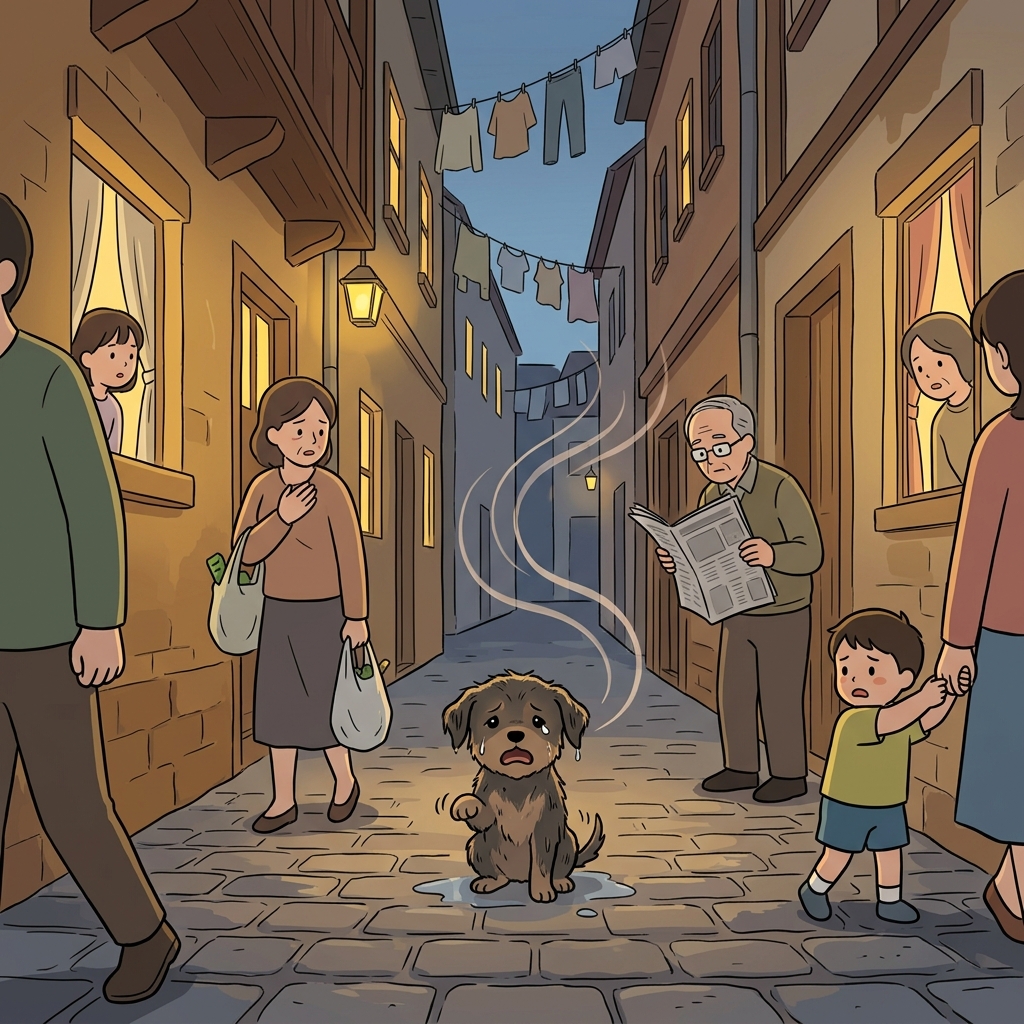 The lost puppy's plaintive whimper stopped everyone in the alley.