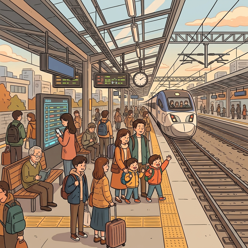 Passengers waited on the platform for the arriving train.