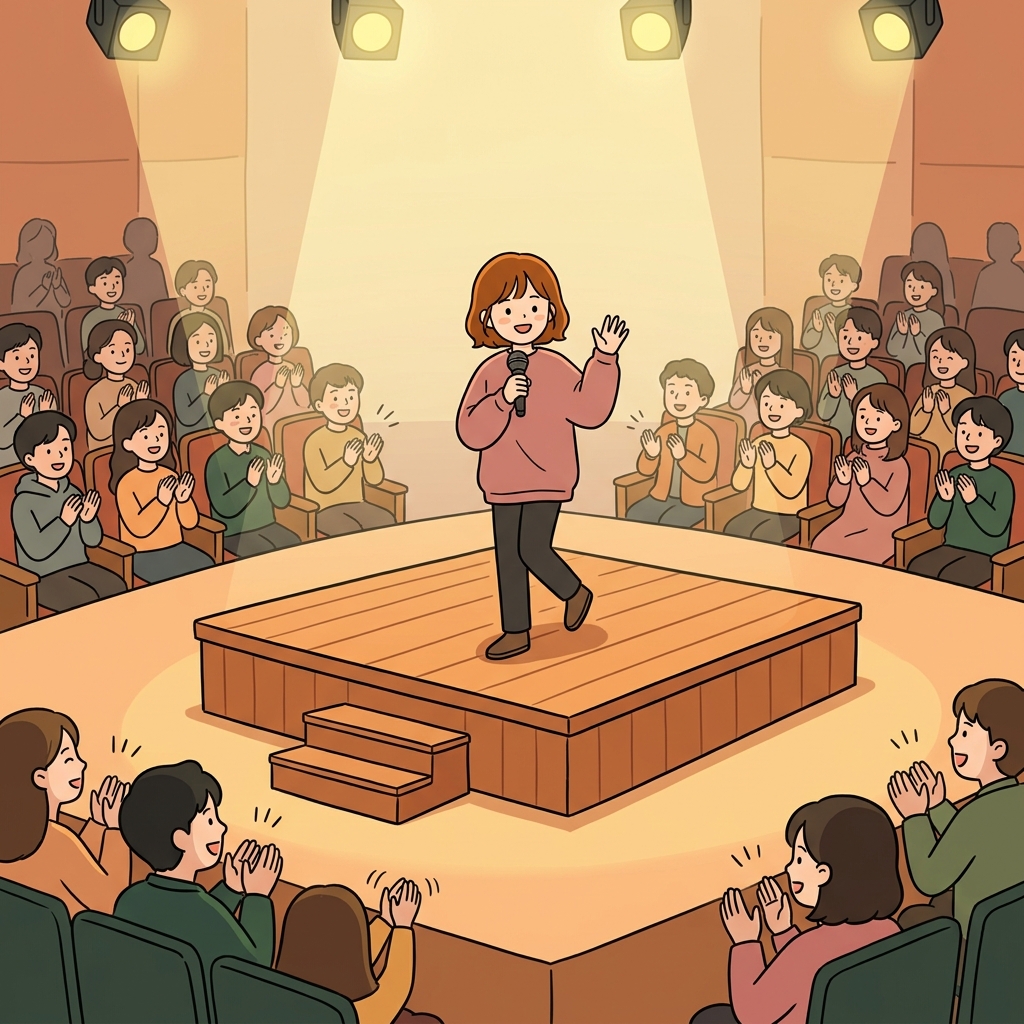 가수는 관객들에게 인사하기 위해 무대로 올라갔다. ("발(Plat) 딛는 폼(Form)!")