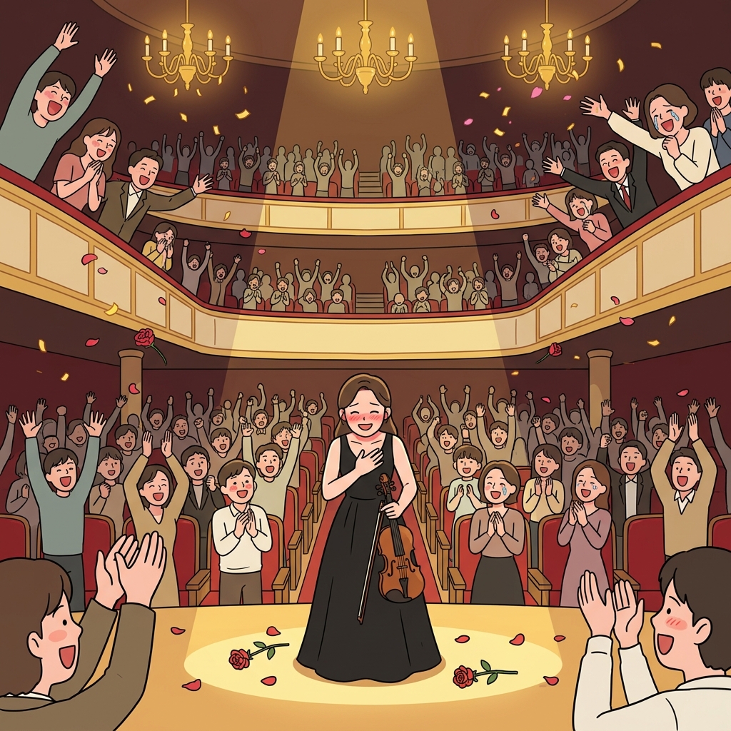 The violinist bows as thunderous plaudits fill the concert hall.