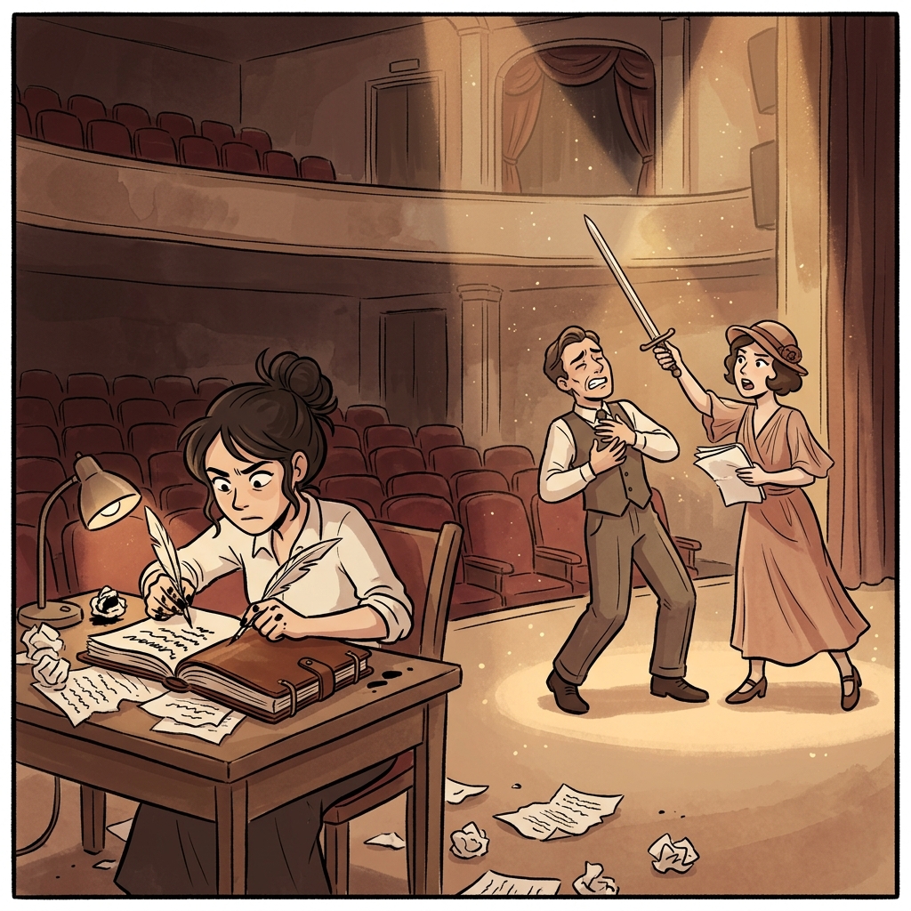 The playwright scribbles furiously as actors bring her new scene to life.