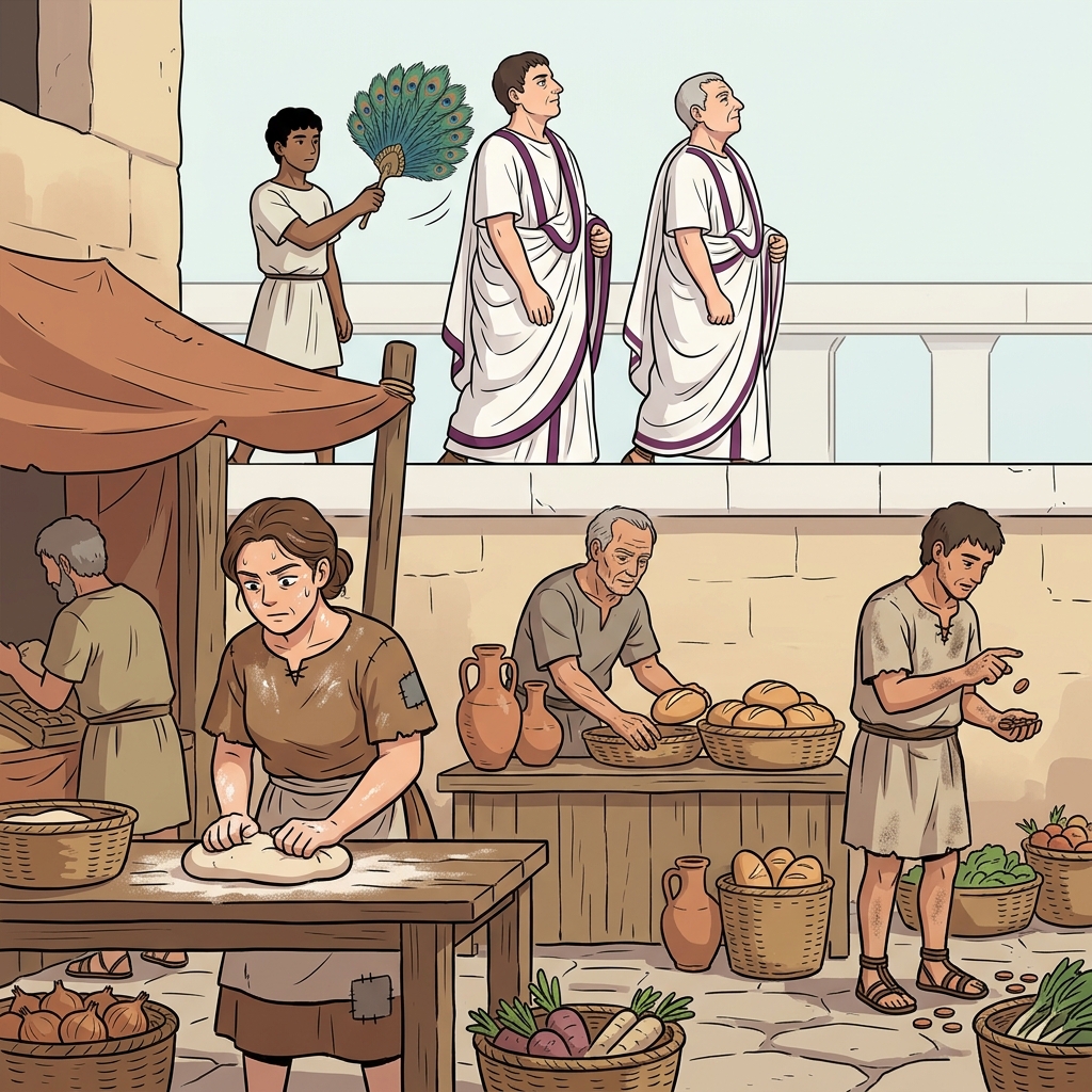 In ancient Rome, plebeian farmers gather at the market while senators pass by in silk robes.