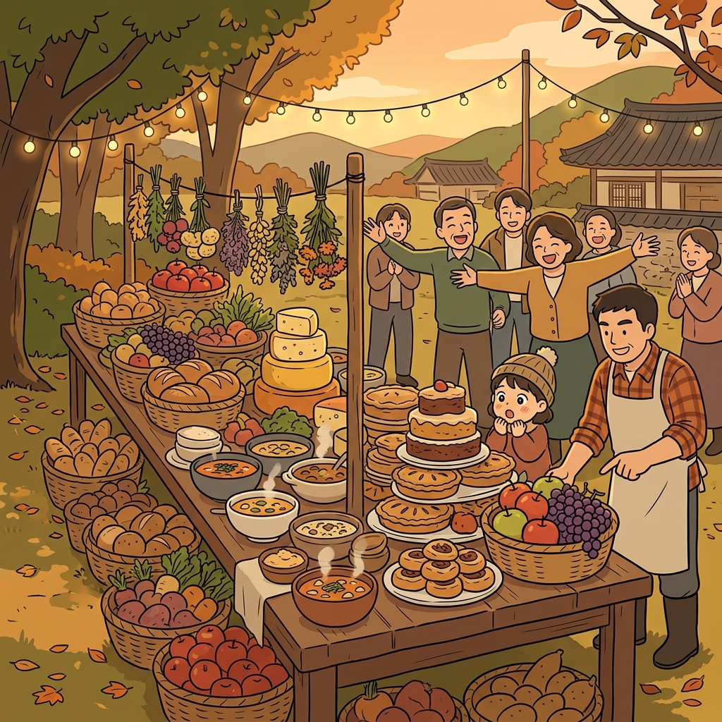 The harvest table has plenty of bread, fruit, and cheese for everyone.