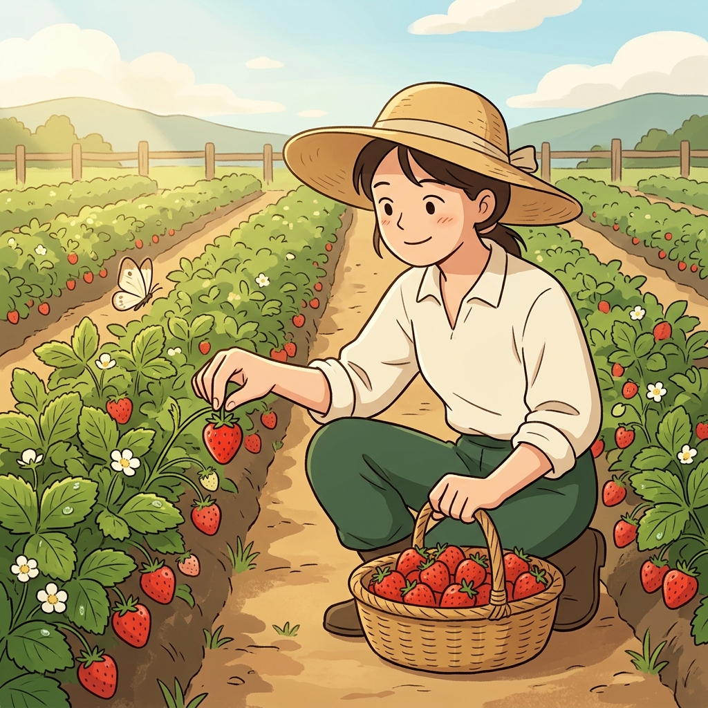 She pluckes a ripe strawberry from the vine with careful fingers.