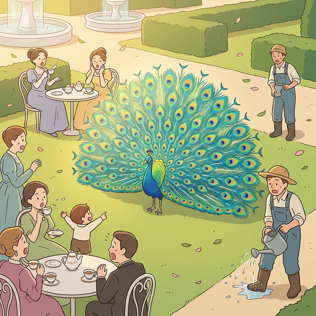The peacock spread its plumage, dazzling everyone at the garden party.