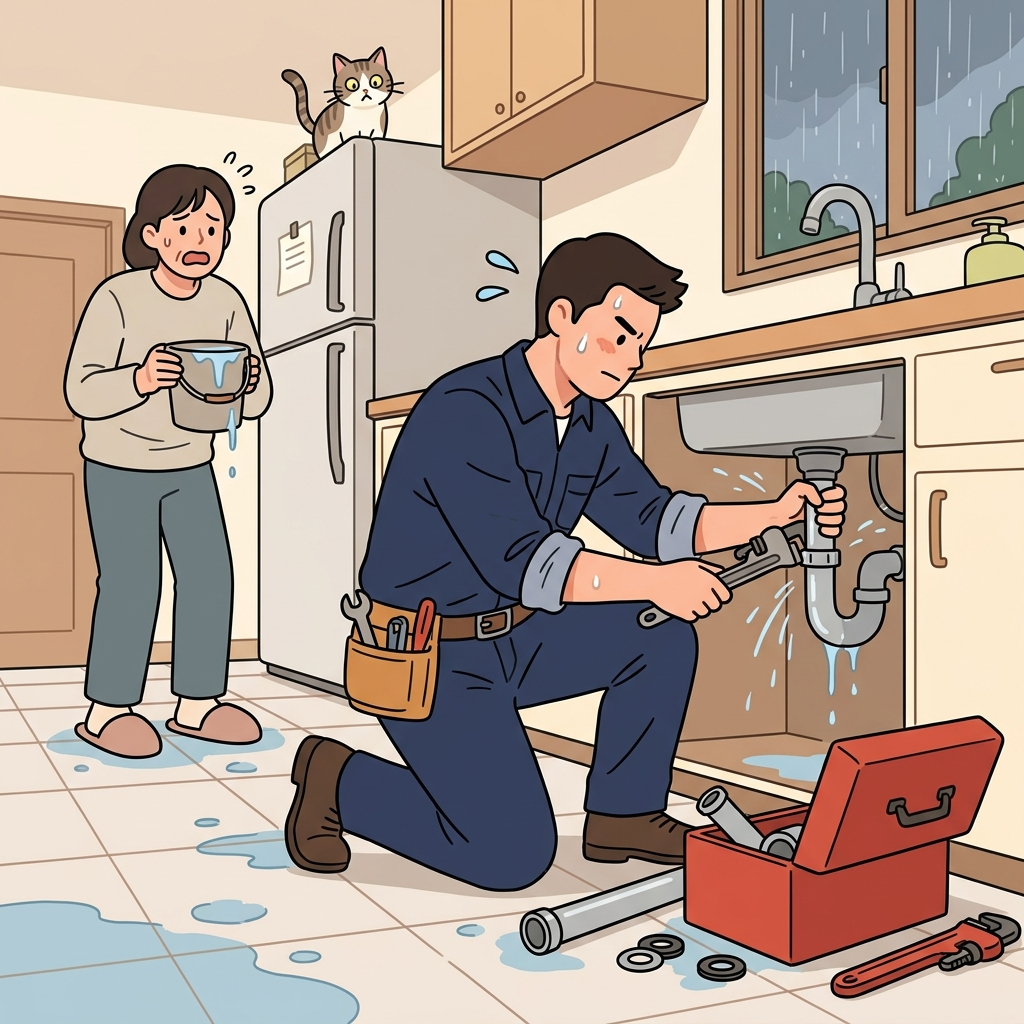 The plumber fixes a burst pipe flooding the kitchen floor.