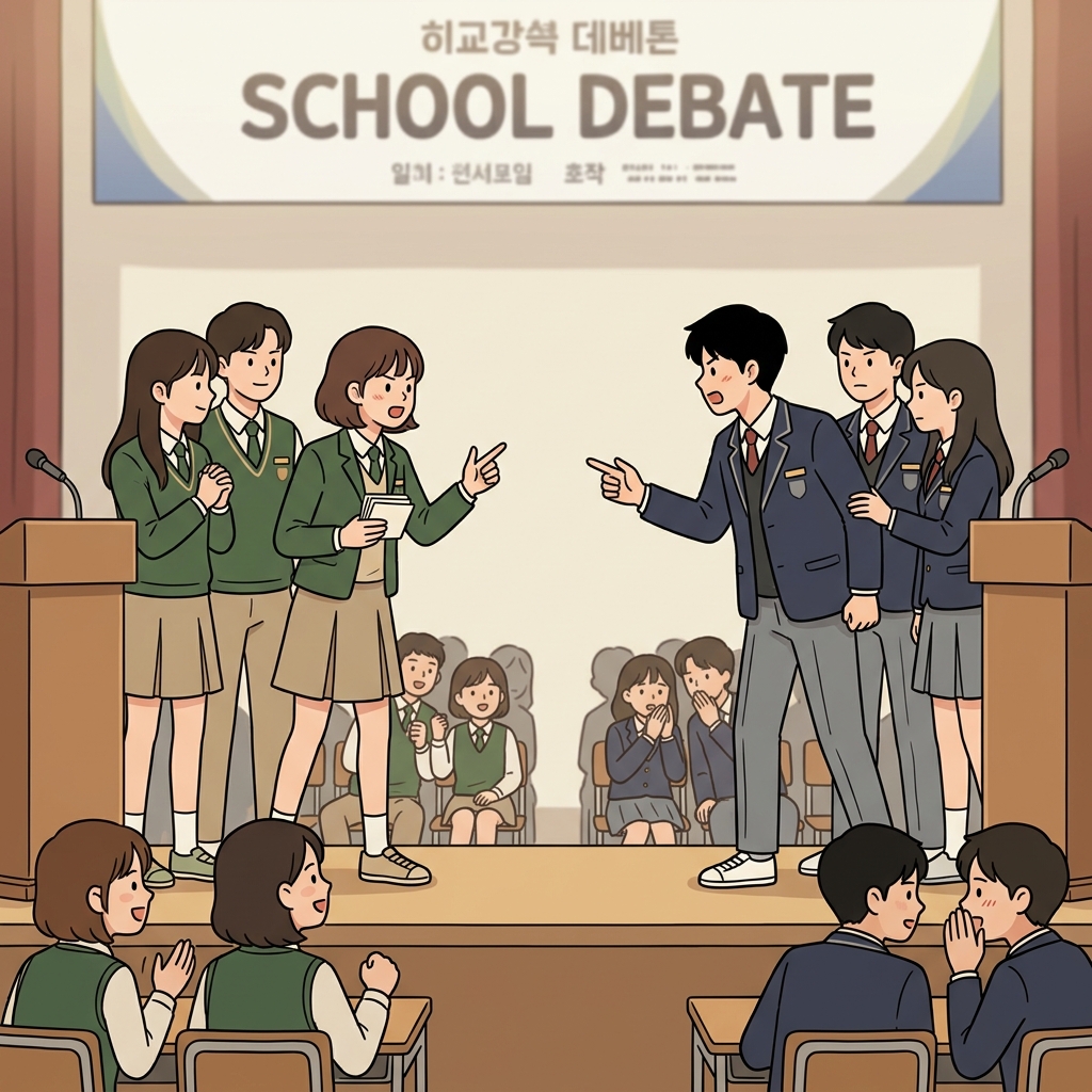 그 토론은 학생들을 순식간에 두 편으로 갈라놓았다. ("폴라! 둘로!" → 자석의 두 극처럼 두 편으로 갈라진다)
