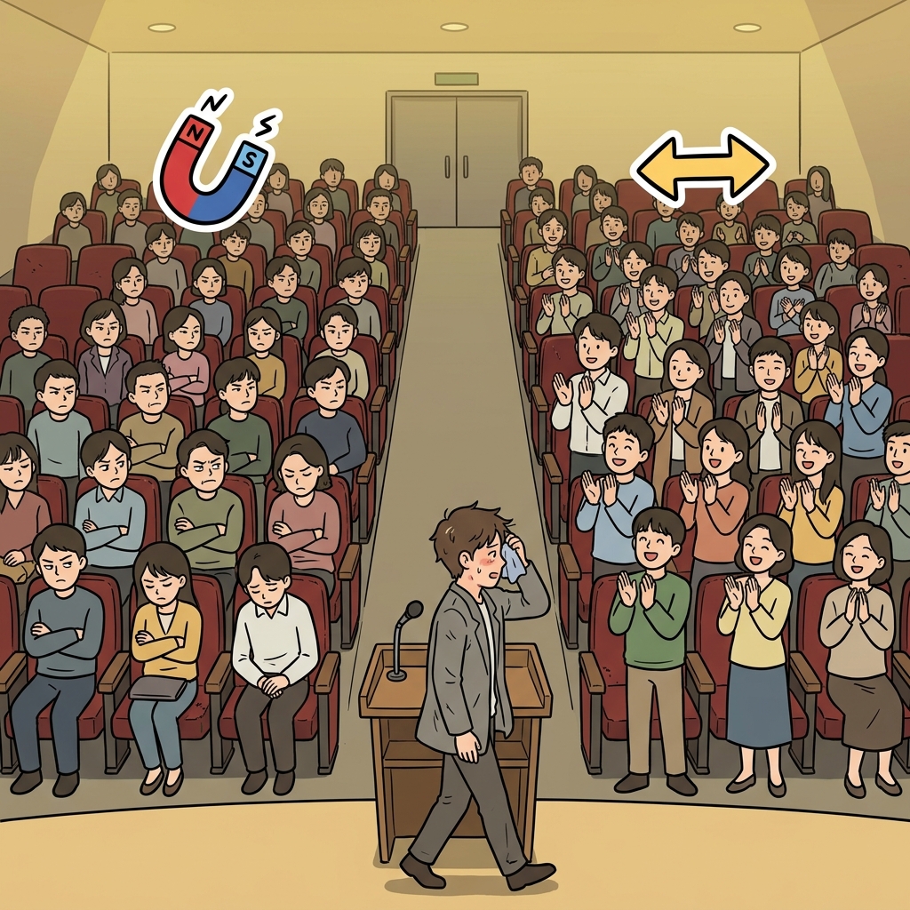 The speech polarized the audience instead of bringing them together. (🧲 Two Poles + ↔️ Split Apart → Polarize)