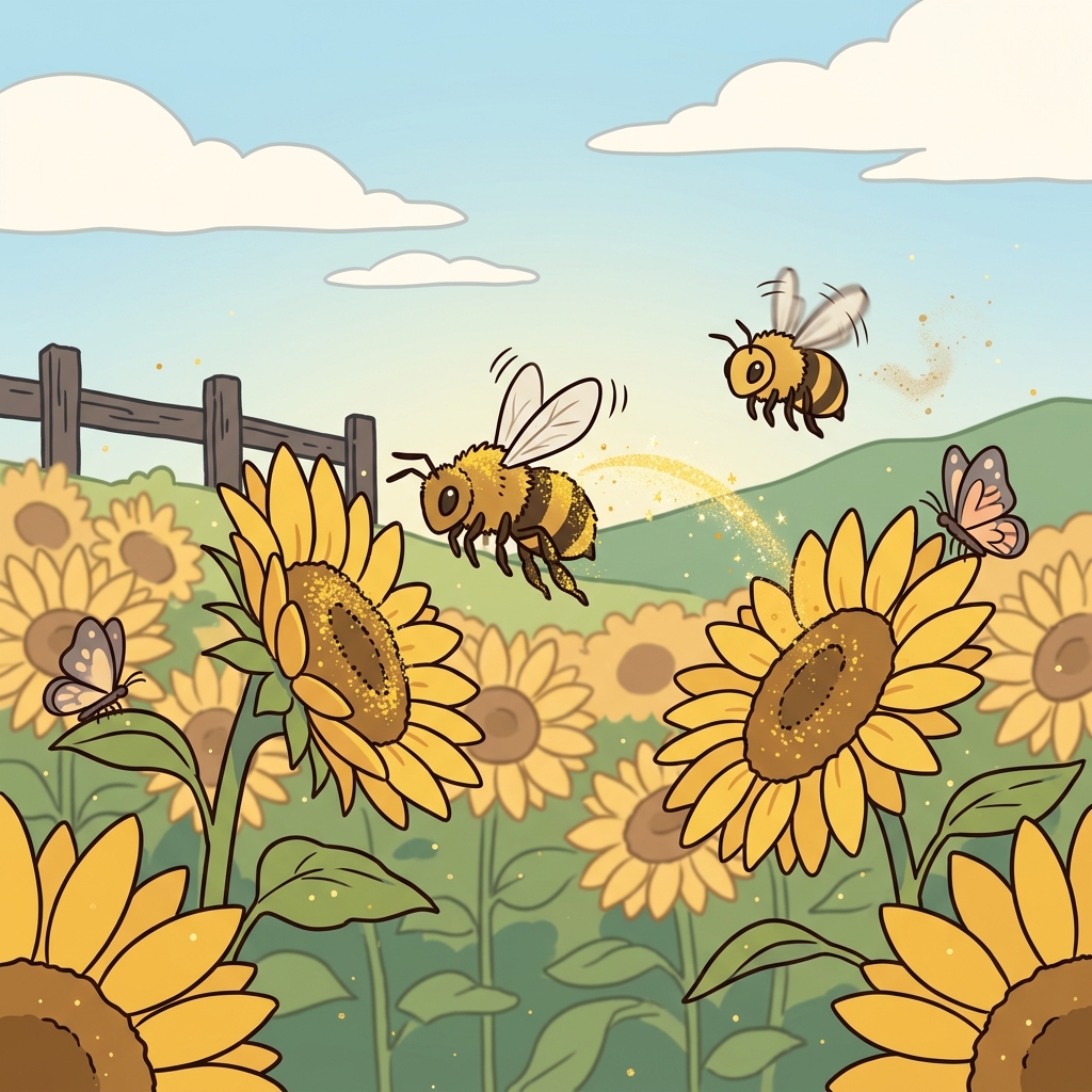 Bees pollinate the sunflowers as they hop from bloom to bloom.