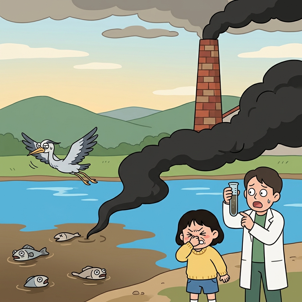 Black smoke from the factory is a pollutant harming the nearby river.
