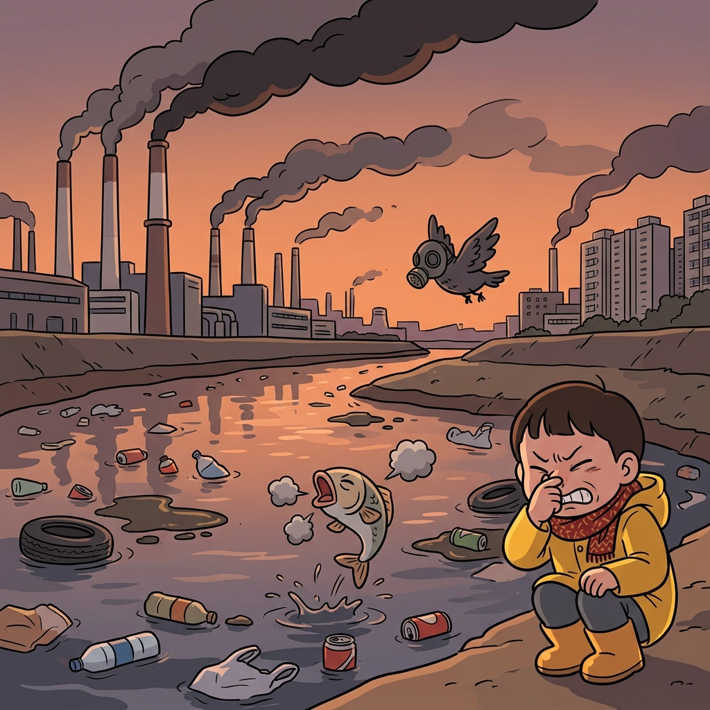 공장 매연에 강물까지 더러워져서 도시가 숨을 못 쉰다.