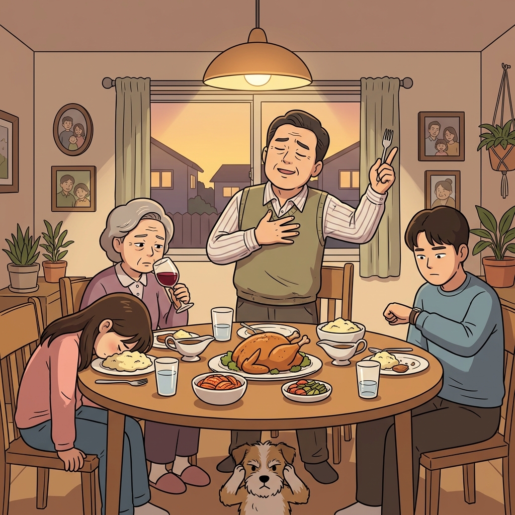 At the dinner table, Uncle Harold begins to pontificate about world politics again.