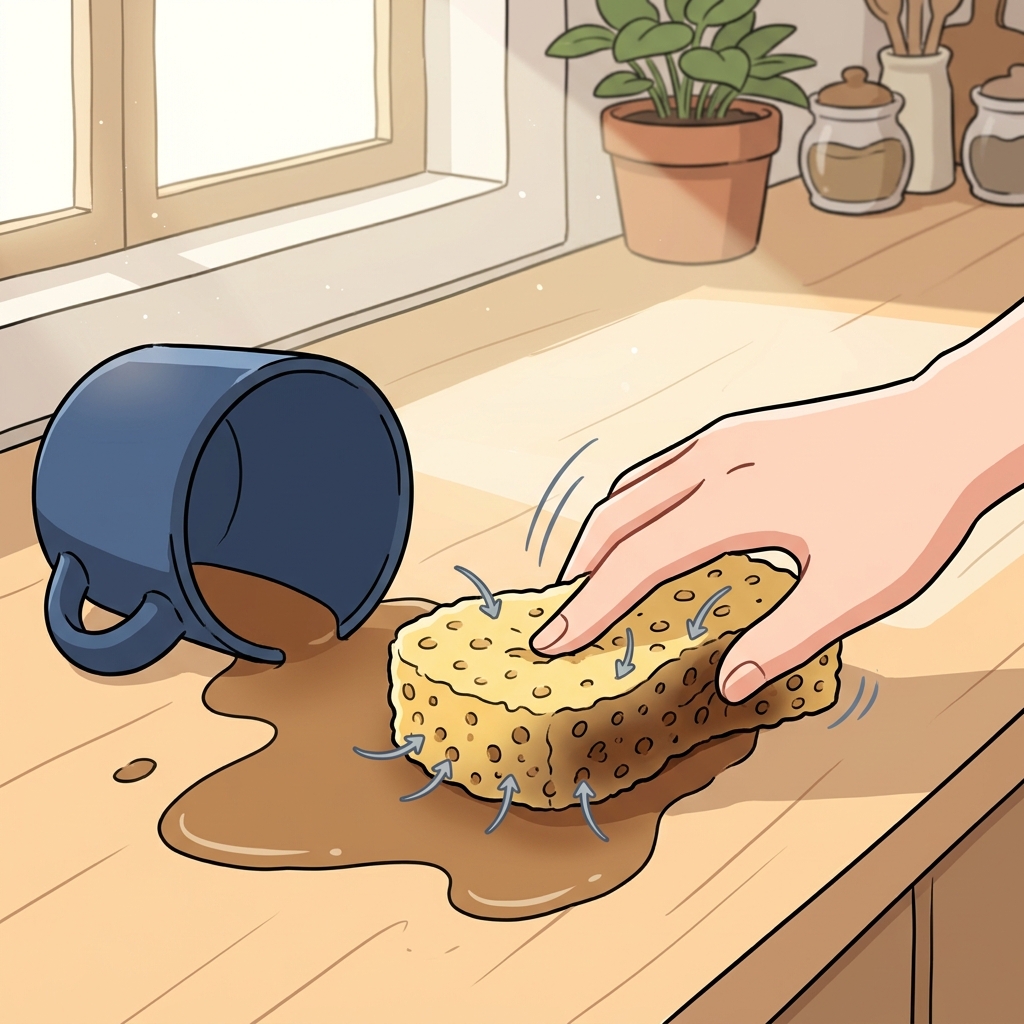 The porous sponge soaks up the entire spilled coffee in seconds.