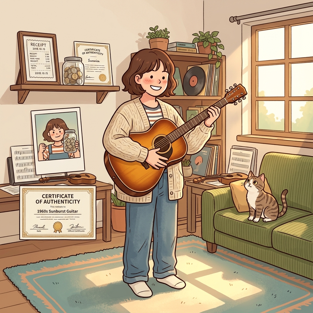 She proudly possesses a rare vintage guitar she saved years to buy.