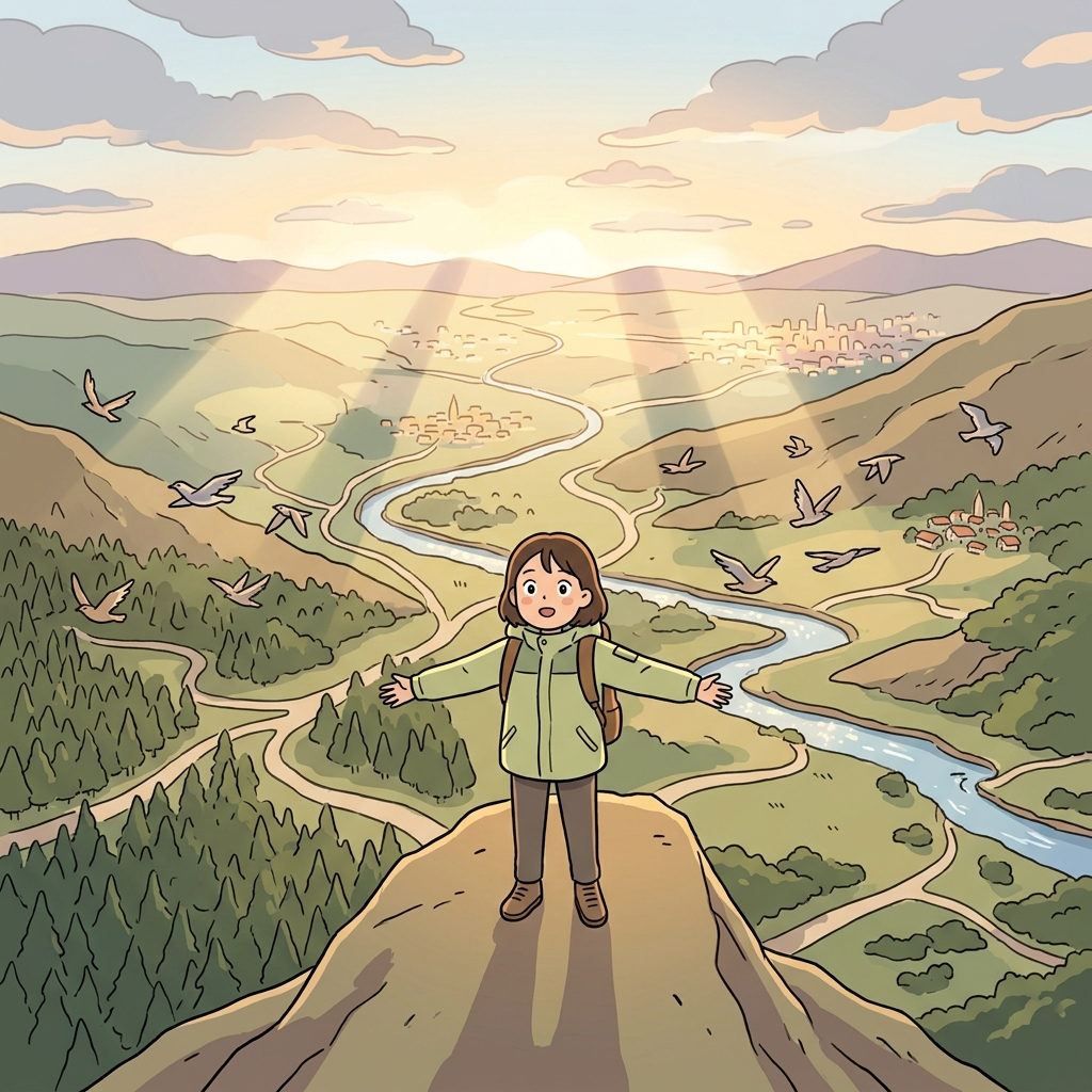 She sees endless possibility beyond the mountain ridge at sunrise.