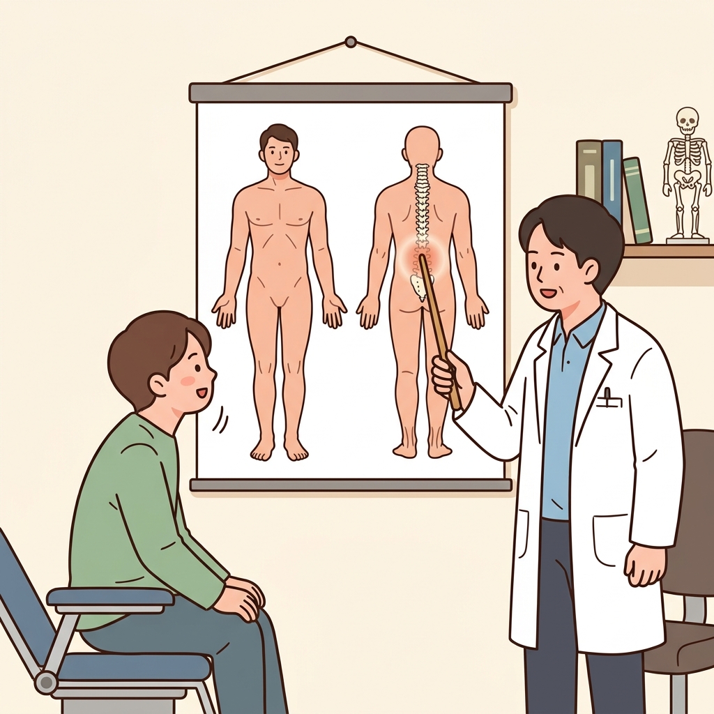 The doctor points to the posterior side of the spine on the anatomy chart.