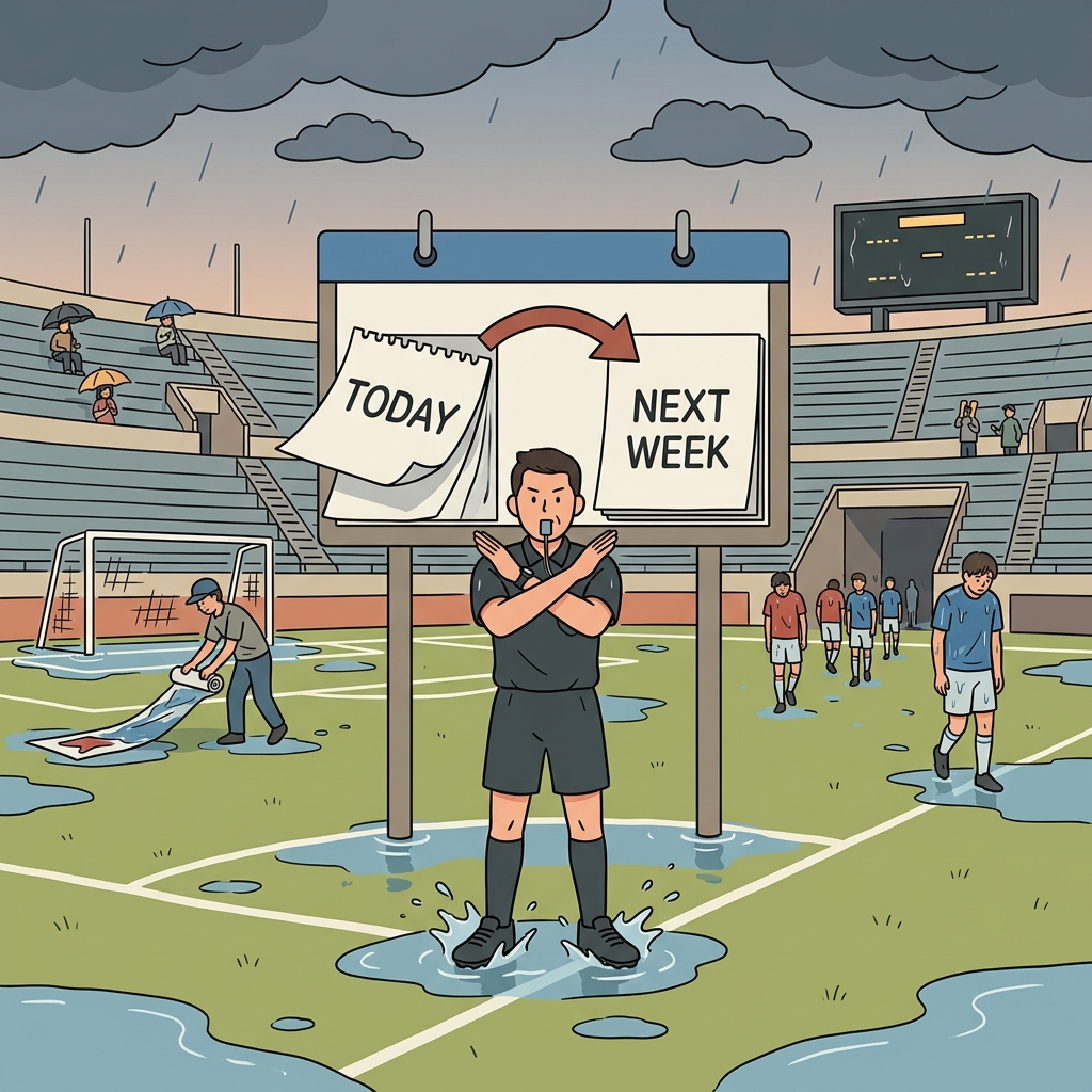 The referee had to postpone the match when heavy rain flooded the field.